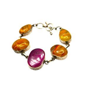 Beautiful Vintage Sterling Silver and Agate Beaded Cuff Bracelet